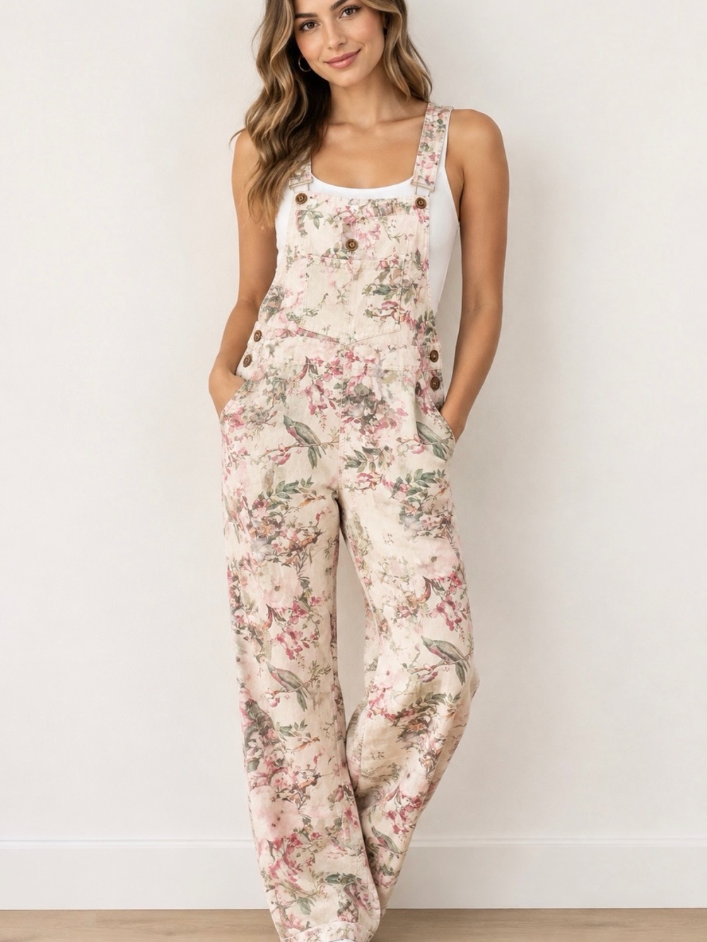 Blue velvet floral taupe Overalls Jumpsuit - Women's Spring Bib Pants